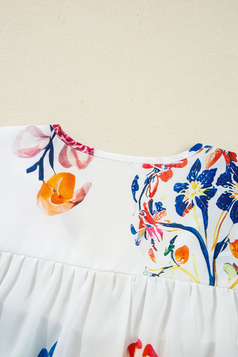 Flowy Floral Print Tassel Tie Bracelet Sleeve Blouse