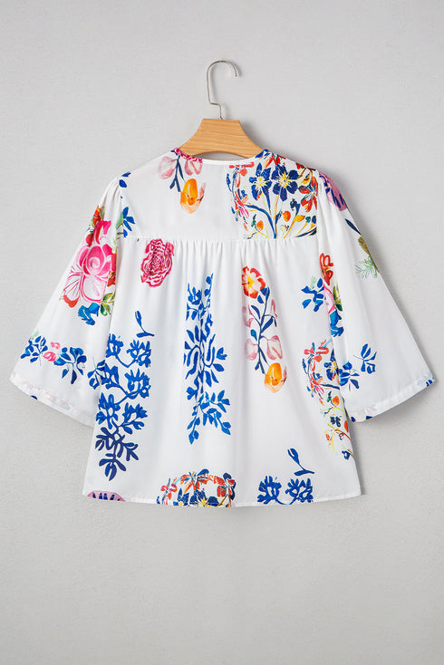 Flowy Floral Print Tassel Tie Bracelet Sleeve Blouse