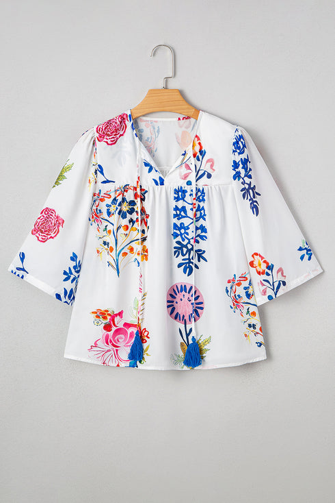 Flowy Floral Print Tassel Tie Bracelet Sleeve Blouse