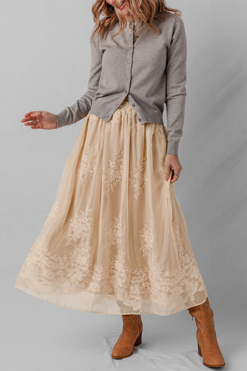Flowy Solid Embroidered Mesh Overlay Long Skirt