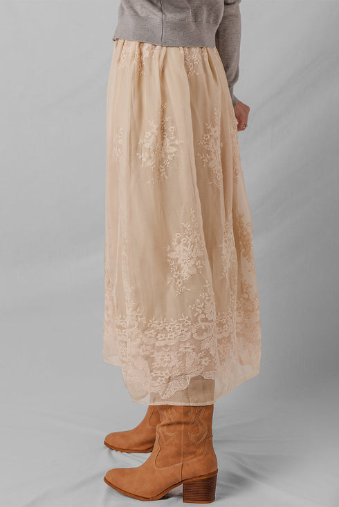 Flowy Solid Embroidered Mesh Overlay Long Skirt
