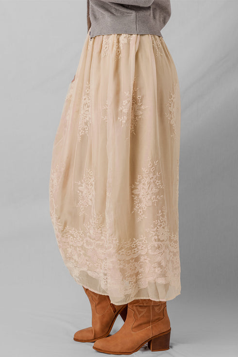 Flowy Solid Embroidered Mesh Overlay Long Skirt
