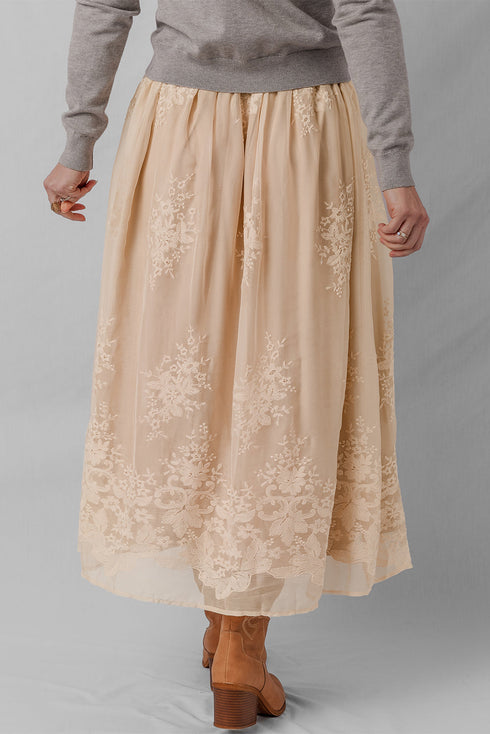 Flowy Solid Embroidered Mesh Overlay Long Skirt