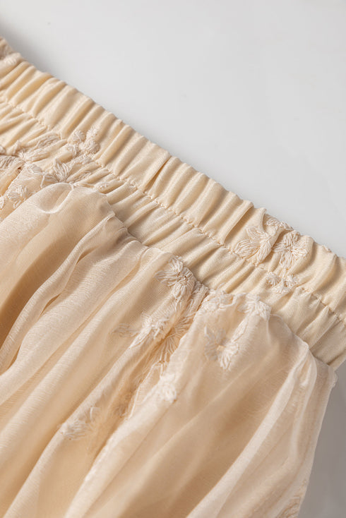 Flowy Solid Embroidered Mesh Overlay Long Skirt