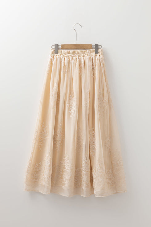 Flowy Solid Embroidered Mesh Overlay Long Skirt