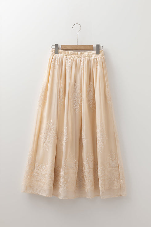 Flowy Solid Embroidered Mesh Overlay Long Skirt