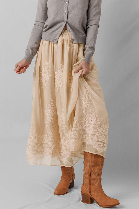 Flowy Solid Embroidered Mesh Overlay Long Skirt