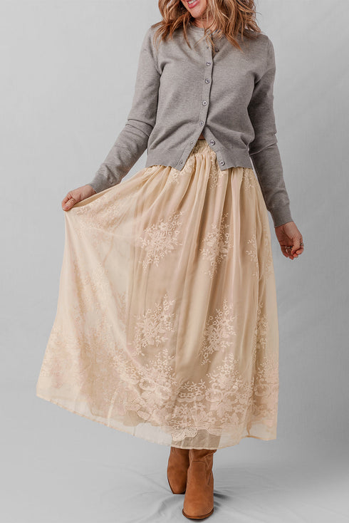 Flowy Solid Embroidered Mesh Overlay Long Skirt