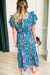 Flutter Sleeve Belted Split Neck A Line Floral Dress
