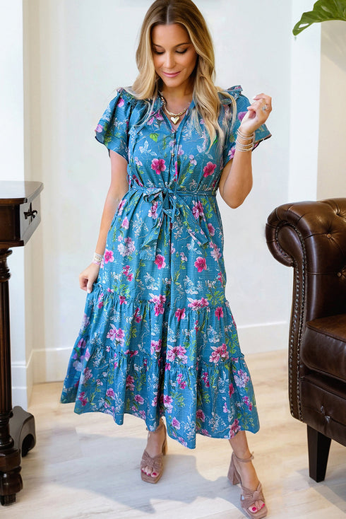 Flutter Sleeve Belted Split Neck A Line Floral Dress