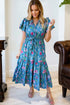 Flutter Sleeve Belted Split Neck A Line Floral Dress