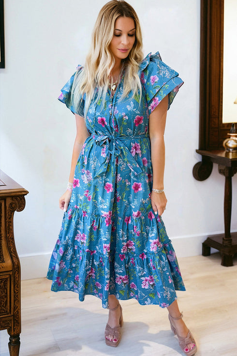 Flutter Sleeve Belted Split Neck A Line Floral Dress