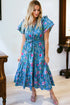 Flutter Sleeve Belted Split Neck A Line Floral Dress