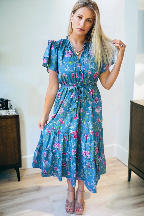 Flutter Sleeve Belted Split Neck A Line Floral Dress