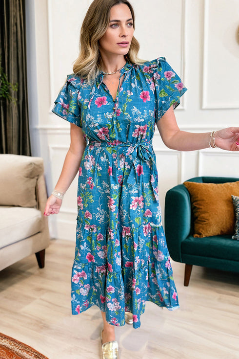 Flutter Sleeve Belted Split Neck A Line Floral Dress