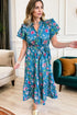 Flutter Sleeve Belted Split Neck A Line Floral Dress