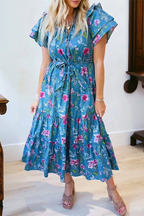 Flutter Sleeve Belted Split Neck A Line Floral Dress