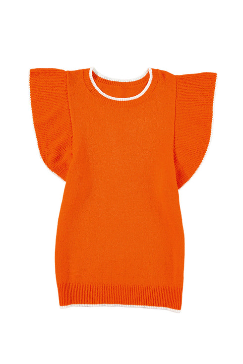 Flutter Sleeve Contrast Trim Knit Sweater Top