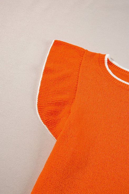 Flutter Sleeve Contrast Trim Knit Sweater Top
