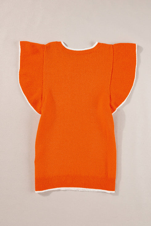 Flutter Sleeve Contrast Trim Knit Sweater Top