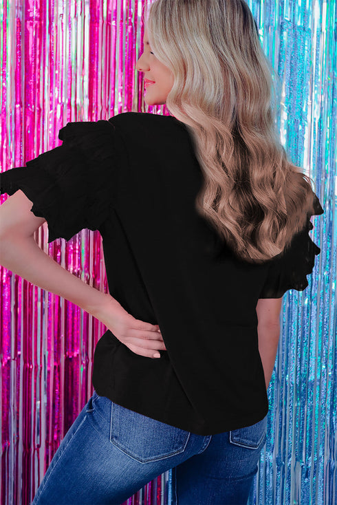 Flutter Sleeve Round Neck Relaxed Fit Woven Top