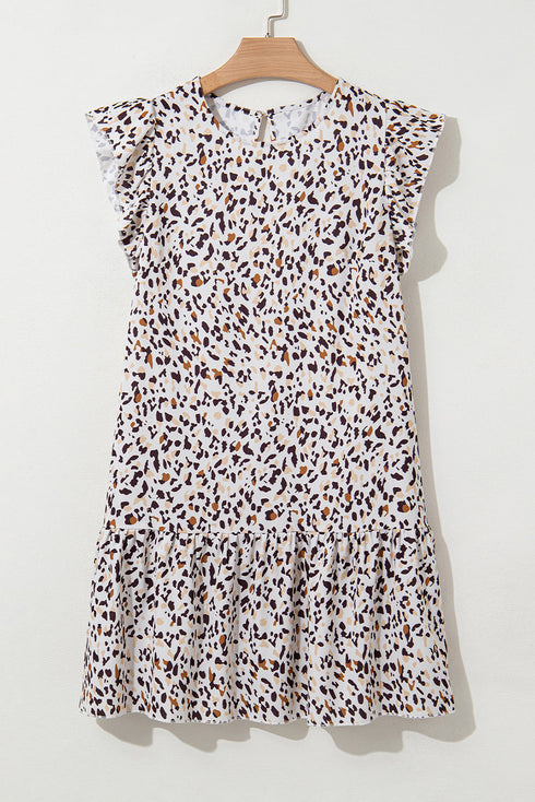 Flutter Sleeve Tiered Hem Animal Print Keyhole Back Mini Dress