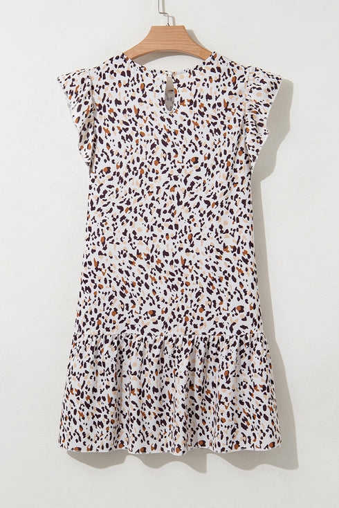 Flutter Sleeve Tiered Hem Animal Print Keyhole Back Mini Dress