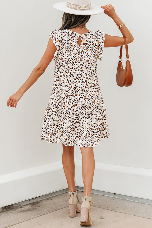 Flutter Sleeve Tiered Hem Animal Print Keyhole Back Mini Dress