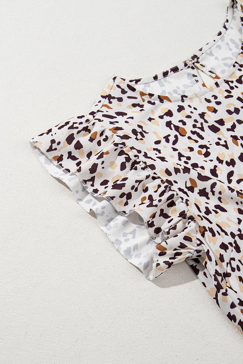 Flutter Sleeve Tiered Hem Animal Print Keyhole Back Mini Dress