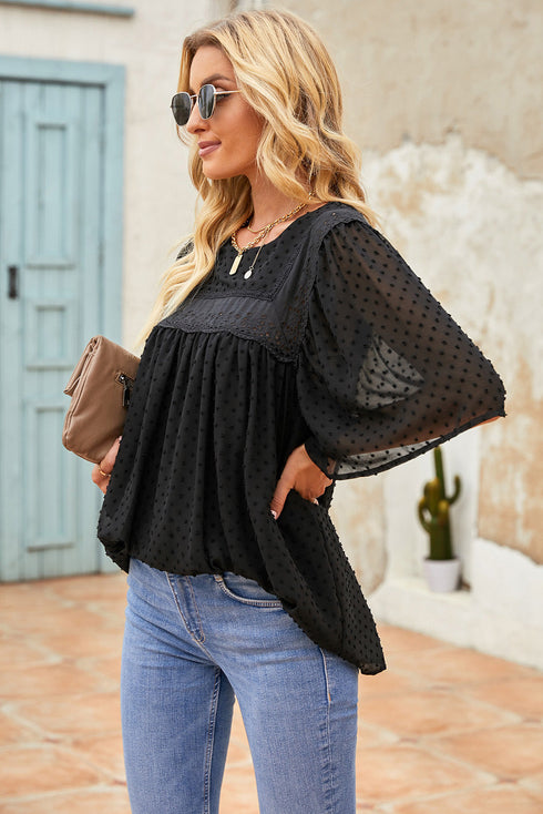 Flutter Sleeves Sheer Textured Babydoll Top