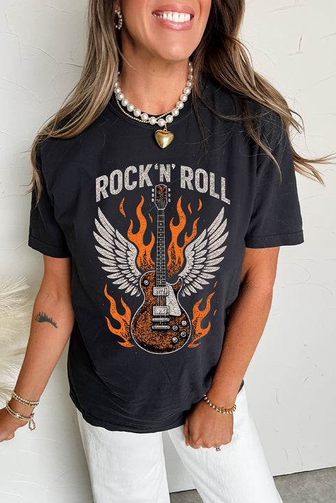 Fly High Rock Guitar Wings Statement Slogan Graphic Tee Shirt