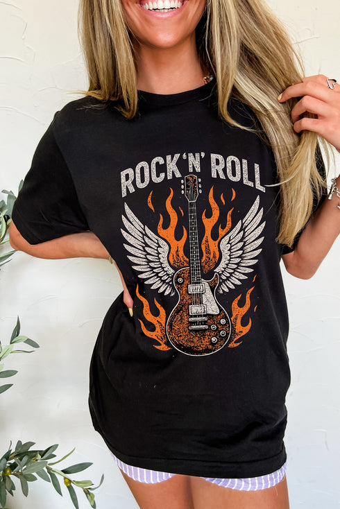 Fly High Rock Guitar Wings Statement Slogan Graphic Tee Shirt