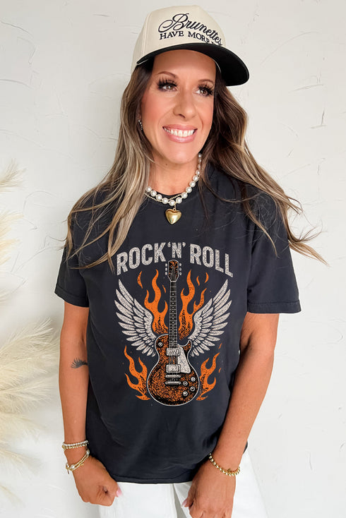 Fly High Rock Guitar Wings Statement Slogan Graphic Tee Shirt