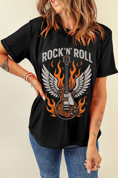 Fly High Rock Guitar Wings Statement Slogan Graphic Tee Shirt