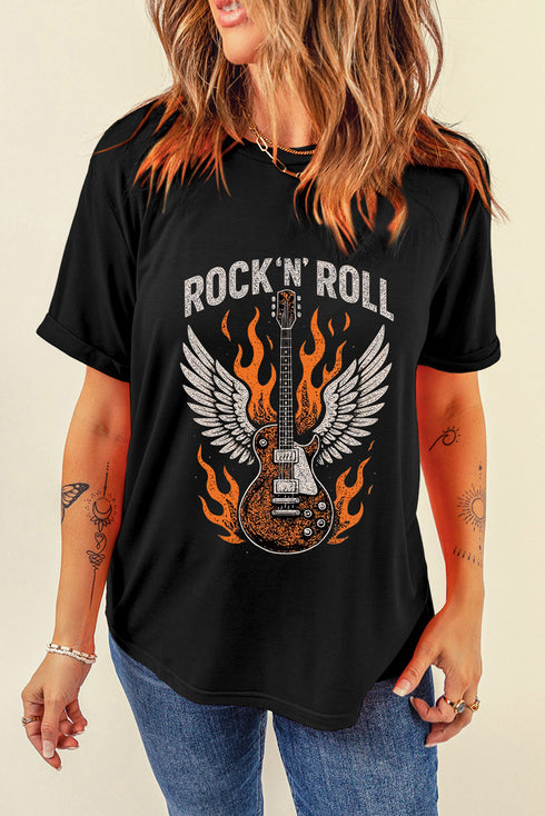 Fly High Rock Guitar Wings Statement Slogan Graphic Tee Shirt