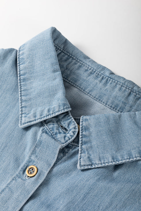 Folded Short Sleeve Patched Pocket Solid Denim Shirt