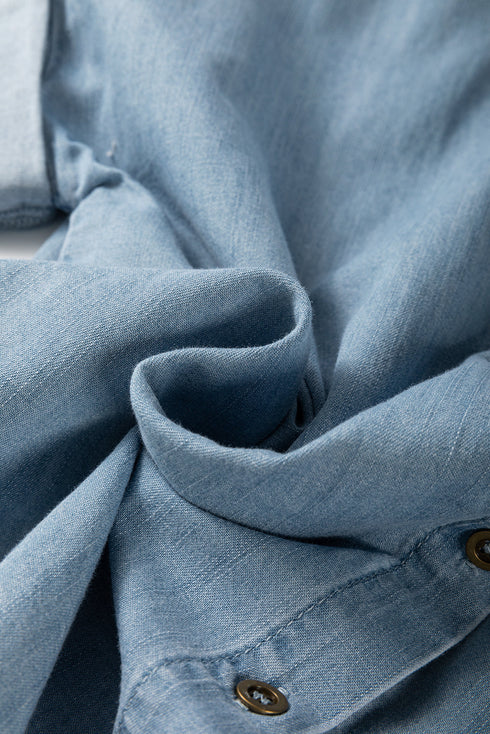 Folded Short Sleeve Patched Pocket Solid Denim Shirt