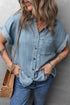 Folded Short Sleeve Patched Pocket Solid Denim Shirt