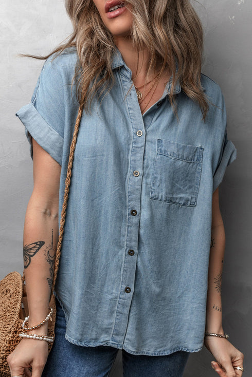 Folded Short Sleeve Patched Pocket Solid Denim Shirt