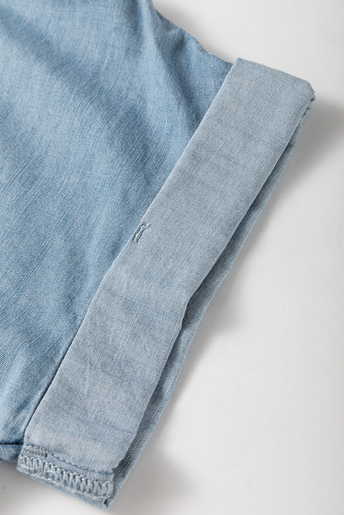 Folded Short Sleeve Patched Pocket Solid Denim Shirt