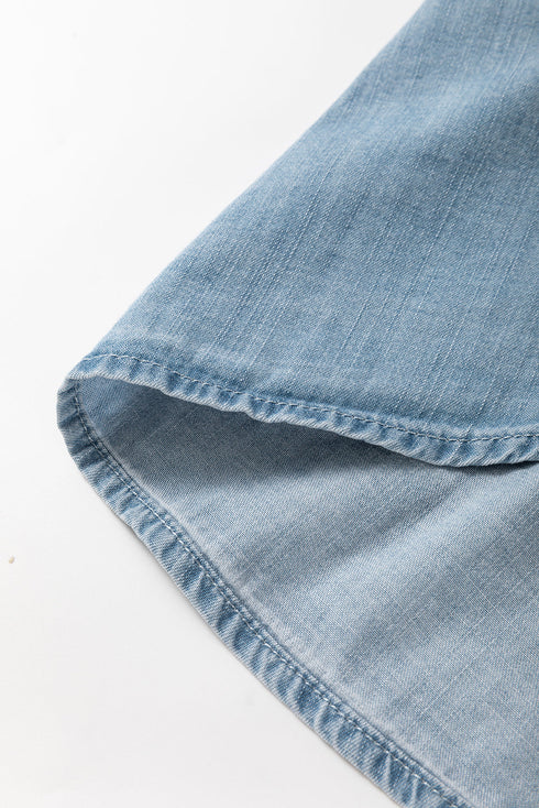 Folded Short Sleeve Patched Pocket Solid Denim Shirt