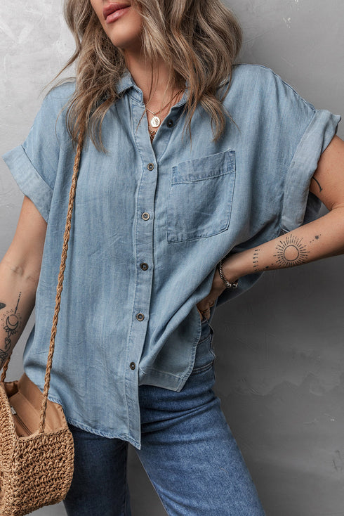 Folded Short Sleeve Patched Pocket Solid Denim Shirt