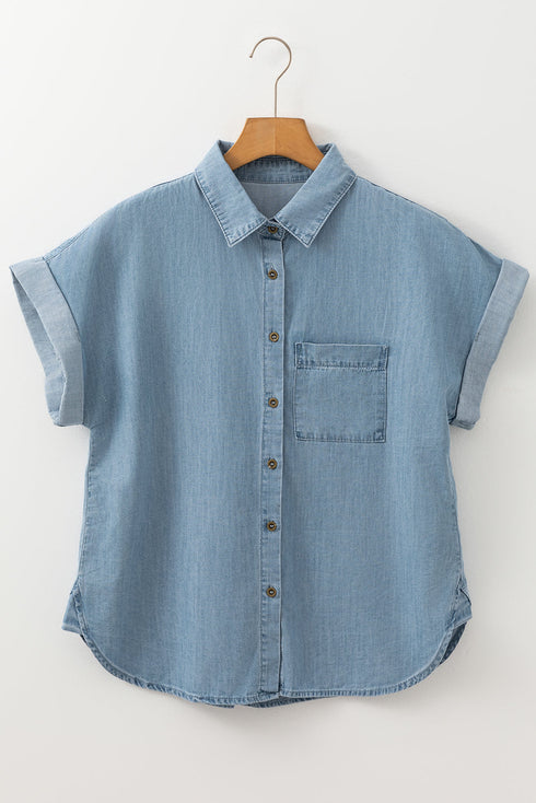 Folded Short Sleeve Patched Pocket Solid Denim Shirt