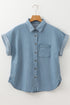 Folded Short Sleeve Patched Pocket Solid Denim Shirt