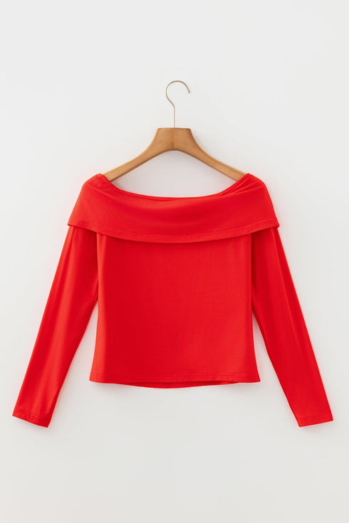 Foldover Off Shoulder Long Sleeve Stretch Viscose Fitted Top