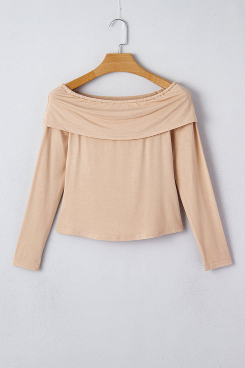 Foldover Off Shoulder Long Sleeve Stretch Viscose Fitted Top