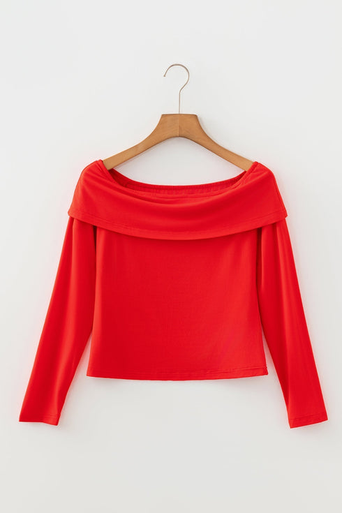 Foldover Off Shoulder Long Sleeve Stretch Viscose Fitted Top