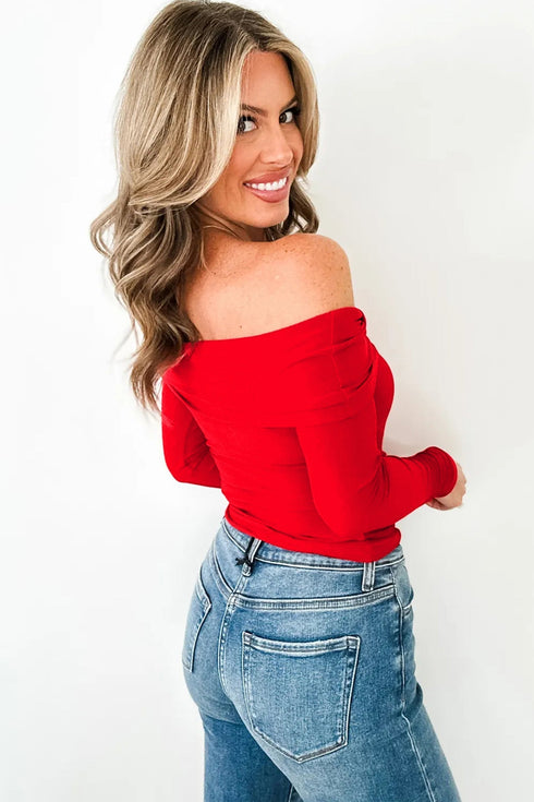 Foldover Off Shoulder Long Sleeve Stretch Viscose Fitted Top