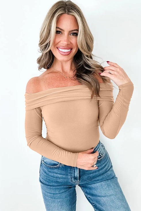 Foldover Off Shoulder Long Sleeve Stretch Viscose Fitted Top