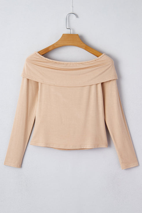 Foldover Off Shoulder Long Sleeve Stretch Viscose Fitted Top